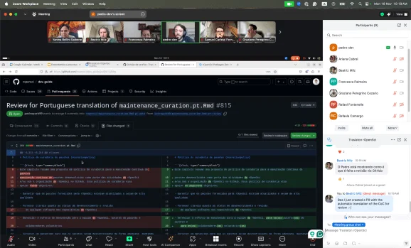 Screenshot of the Zoom call for the translathon, showing participants and a screenshare of the pull-request translation process.