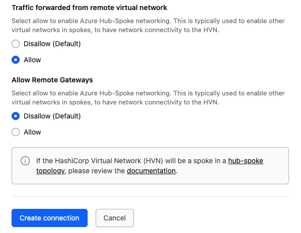 A screenshot from HCP Vault Dedicated UI with radio buttons to enable remote virtual network peering.
