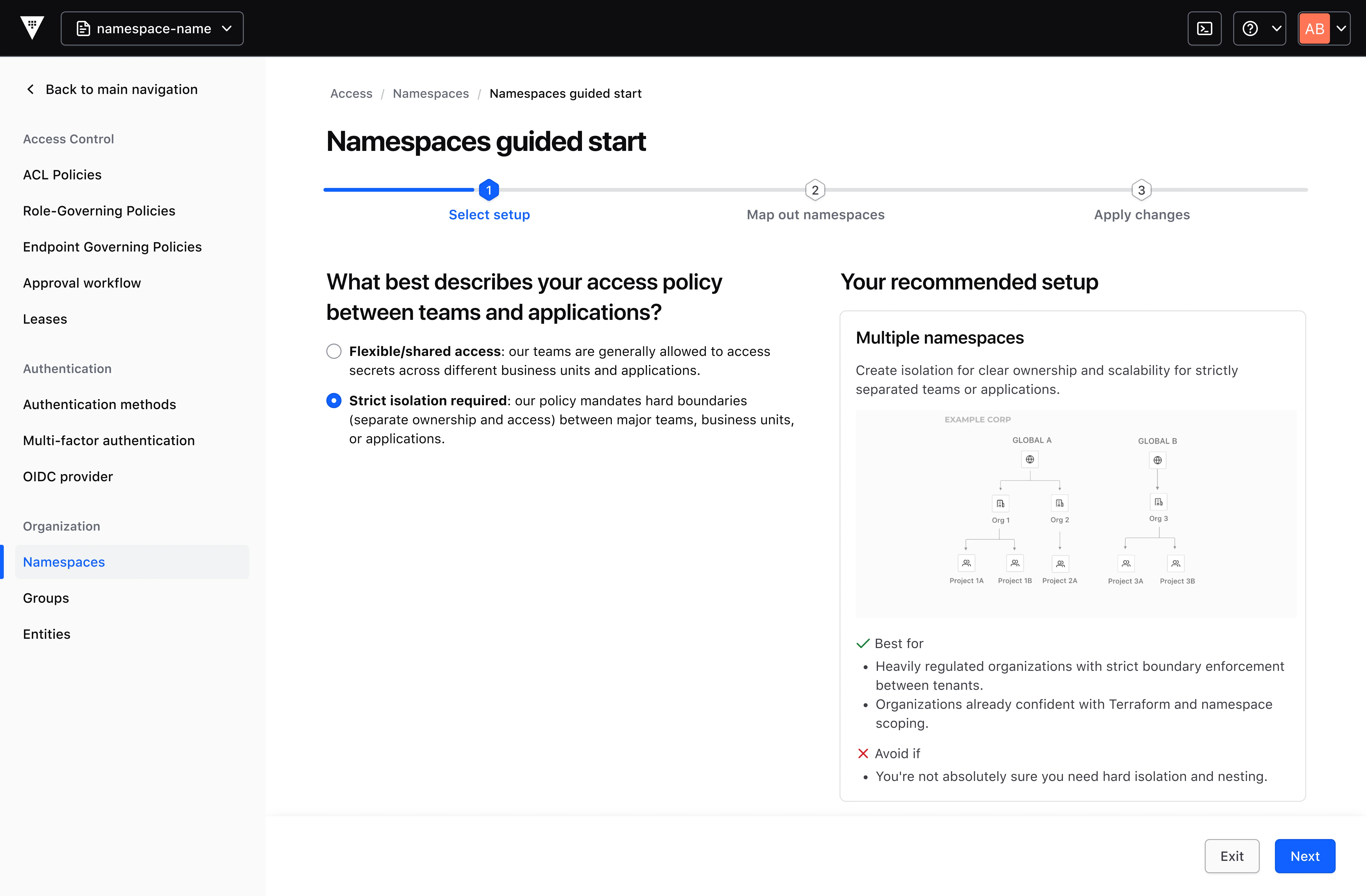 A screenshot of the IBM Vault UI showing the onboarding wizard for Namespaces