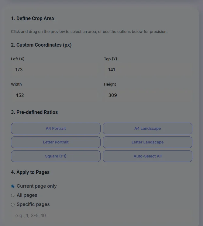 Configure crop coordinates ratios and page settings