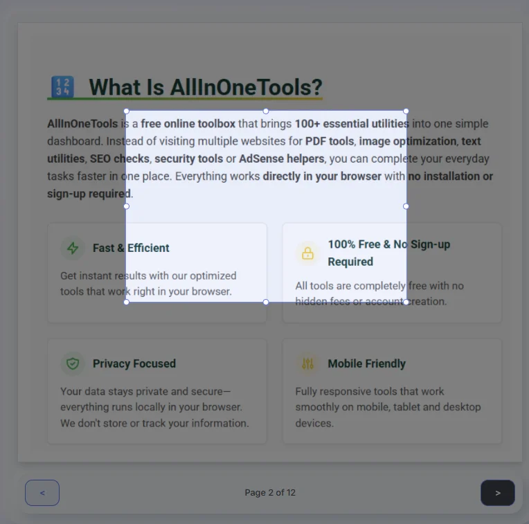 PDF page preview with page navigation and crop selection area