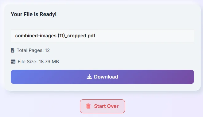 Download cropped PDF with filename page count and file size details