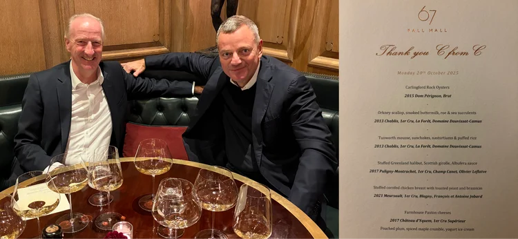 Sir Alex and Christopher sitting at a restaurant, with the course menu displayed on the left.